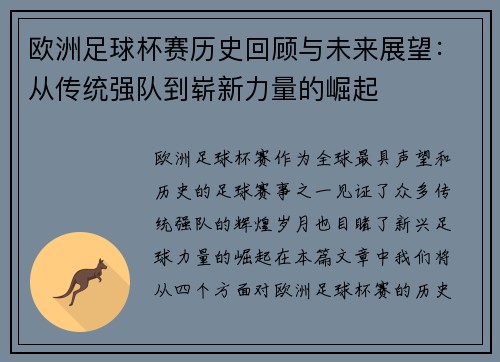 欧洲足球杯赛历史回顾与未来展望：从传统强队到崭新力量的崛起