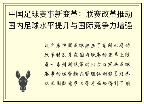 中国足球赛事新变革：联赛改革推动国内足球水平提升与国际竞争力增强