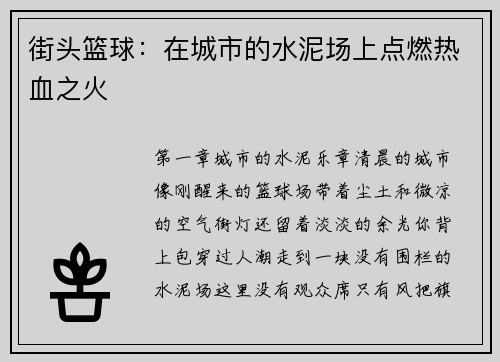 街头篮球：在城市的水泥场上点燃热血之火