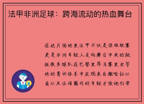 法甲非洲足球：跨海流动的热血舞台