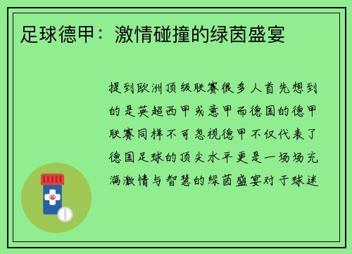 足球德甲：激情碰撞的绿茵盛宴