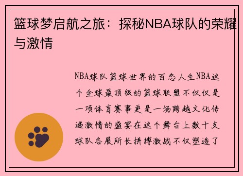 篮球梦启航之旅：探秘NBA球队的荣耀与激情
