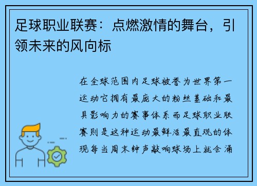 足球职业联赛：点燃激情的舞台，引领未来的风向标